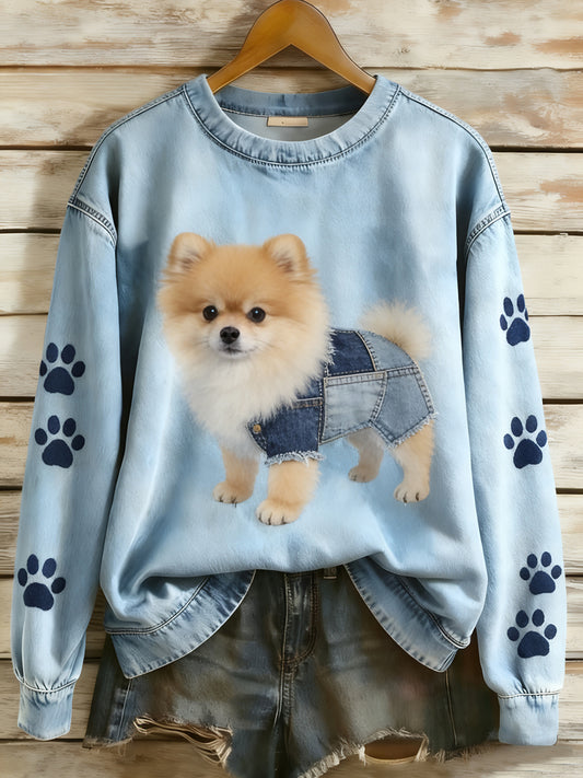 Retro Denim Patchwork Animal Art Print Casual Comfort Sudadera de manga larga para mujer