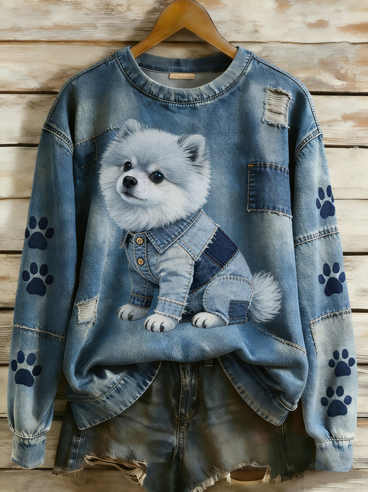 Retro Denim Patchwork Animal Art Print Casual Comfort Sudadera de manga larga para mujer