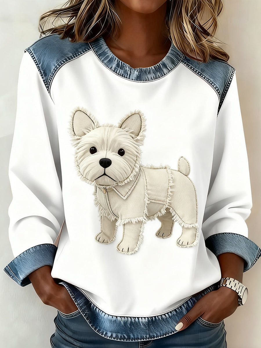Mujeres Retro Animal Art Print cómodo Denim Patchwork sudadera