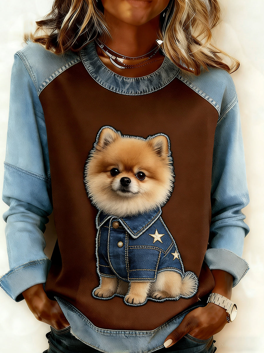 Mujeres Retro Animal Art Print cómodo Denim Patchwork sudadera
