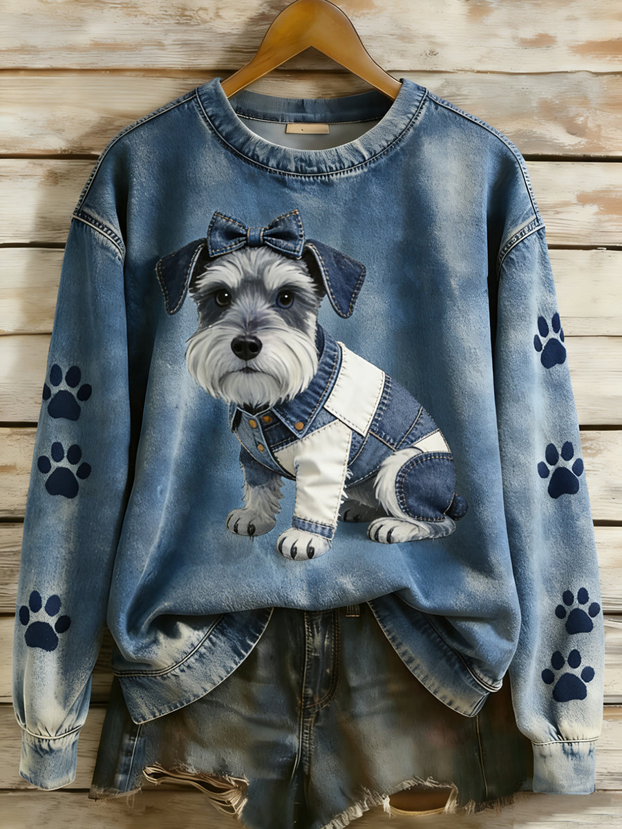 Retro Denim Patchwork Animal Art Print Casual Comfort Sudadera de manga larga para mujer