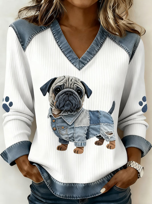 Mujer Retro V-cuello Denim Patchwork Animal Print Casual Confort Top