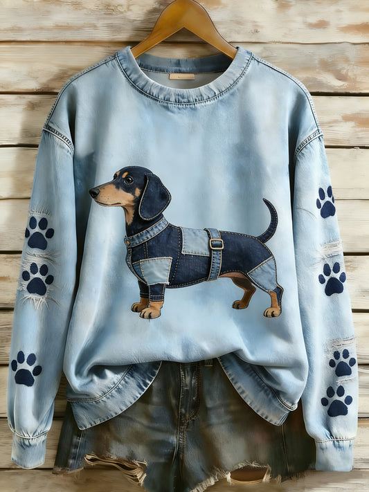 Retro Denim Patchwork Animal Art Print Casual Comfort Sudadera de manga larga para mujer