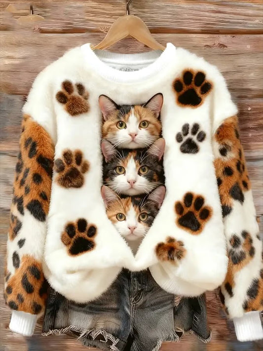 Sudadera de franela impresa gato de las mujeres