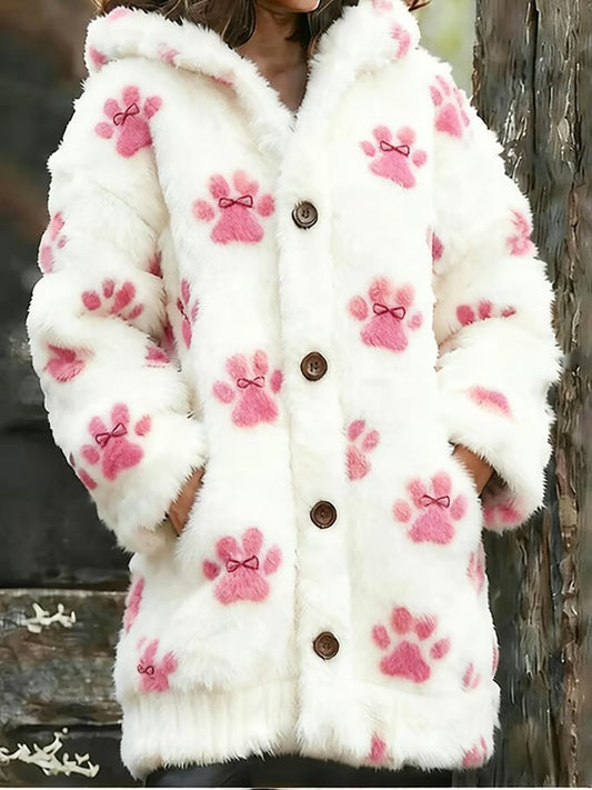 Chaqueta caliente de franela con estampado de pata animal para mujer