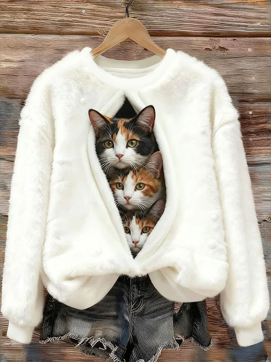Sudadera de franela impresa gato de las mujeres