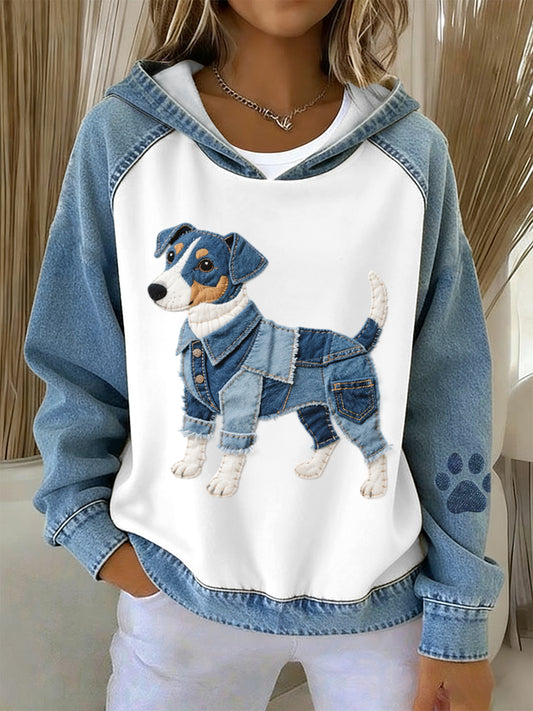 Denim Patchwork Art Jack Russell Terrier Dog Pattern Sudadera con capucha de mujer
