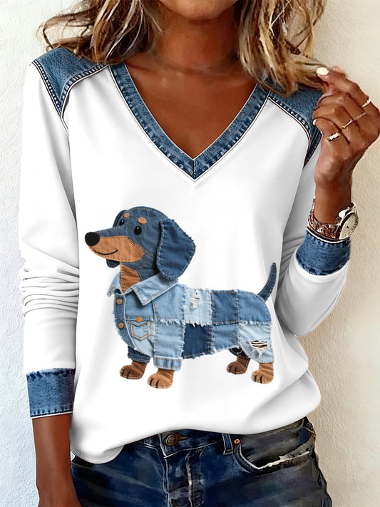 Denim Patchwork Art Dachshund Dog Pattern Camiseta de manga larga con cuello en V para mujer