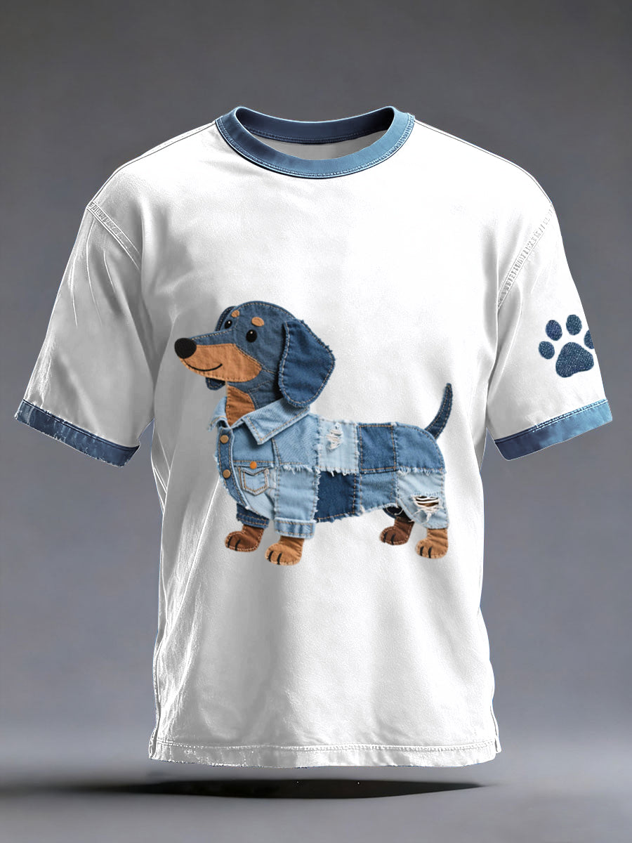 Hombre Denim Patchwork Art Dachshund Dog Pattern Camiseta lavada