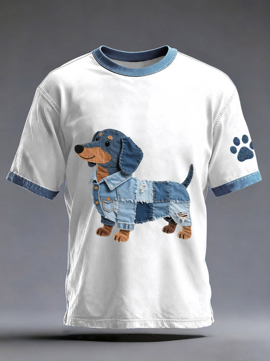 Hombre Denim Patchwork Art Dachshund Dog Pattern Camiseta lavada