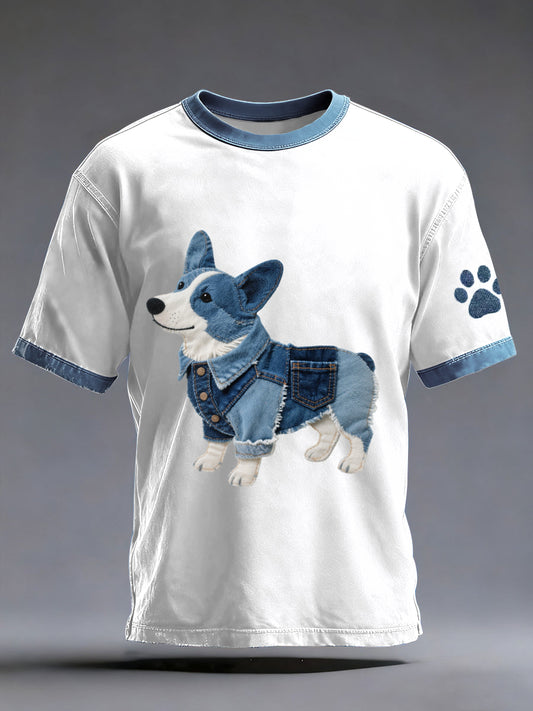 Hombres Denim Patchwork Art Corgi Dog Pattern camiseta lavada