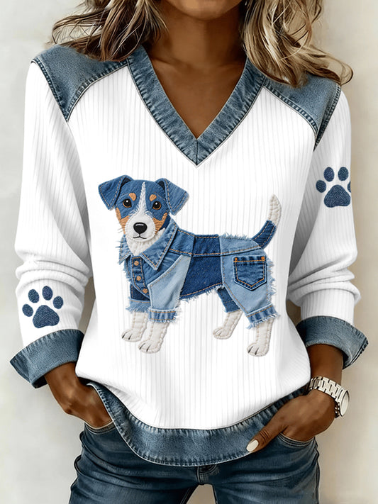 Mujer Lovely Jack Russell Terrier Dog Pattern Denim Patchwork V-Neck Top