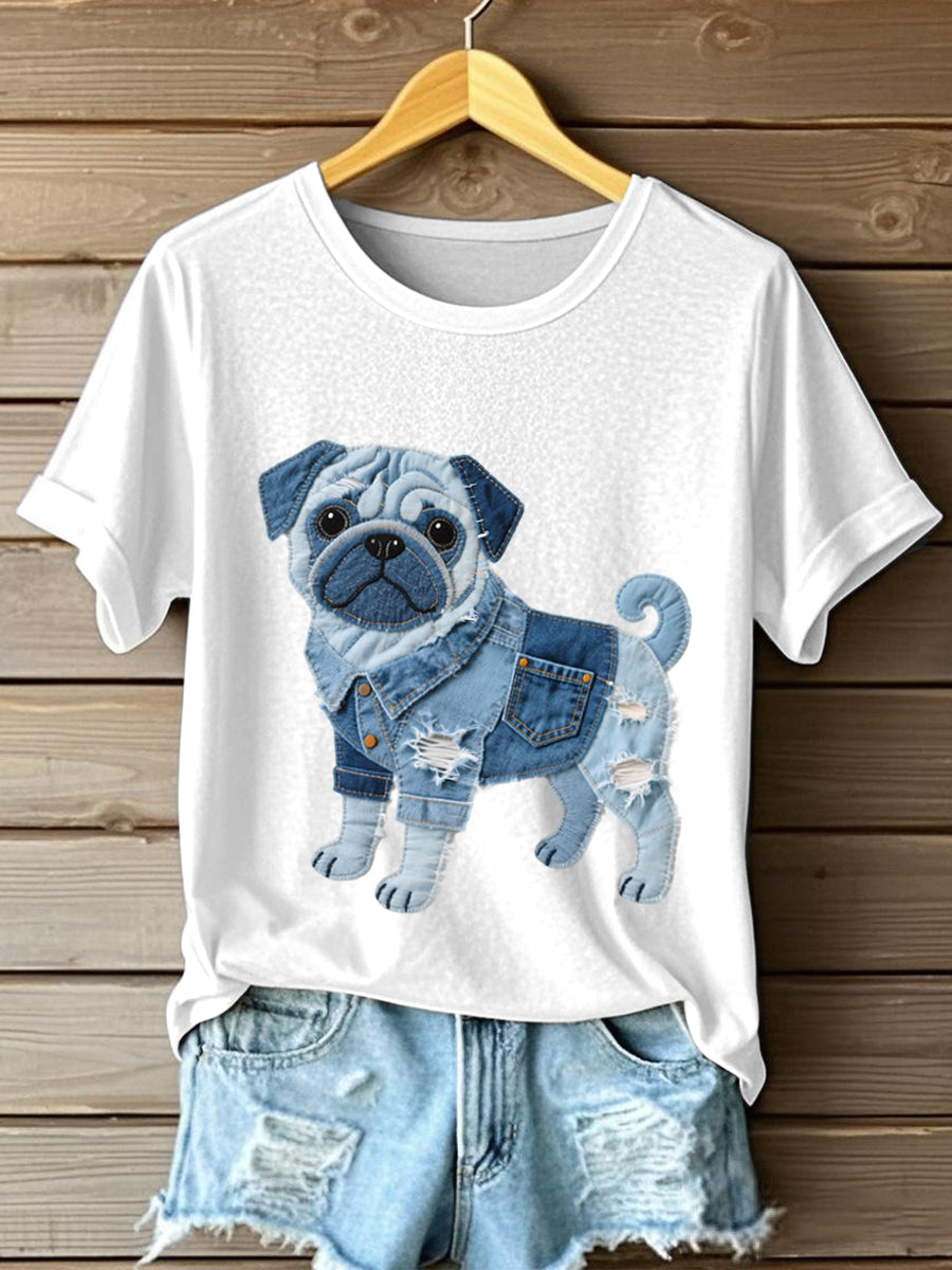 Camiseta encantadora del patrón del remiendo del dril de algodón del perro de Pug de las mujeres