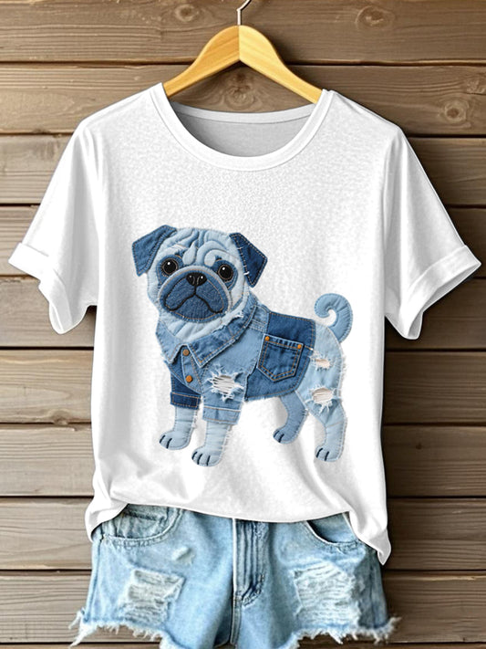 Camiseta encantadora del patrón del remiendo del dril de algodón del perro de Pug de las mujeres