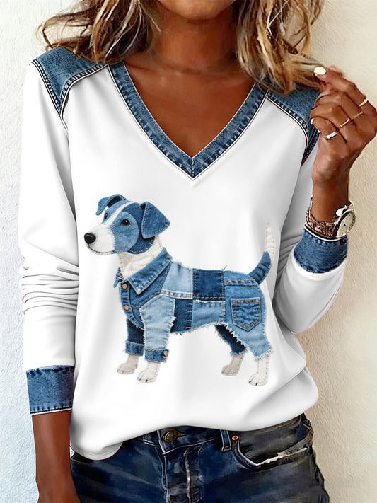 Mujer Denim Patchwork Art Jack Russell Terrier Perro Patrón V-cuello camiseta de manga larga