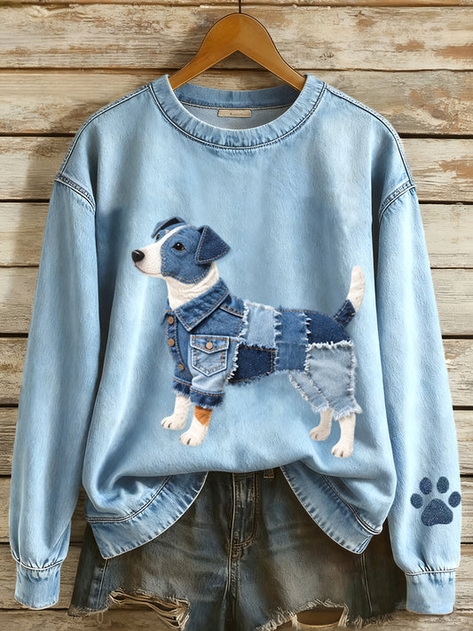 Mujeres Denim patchwork arte Jack Russell terrier perro patrón sudadera