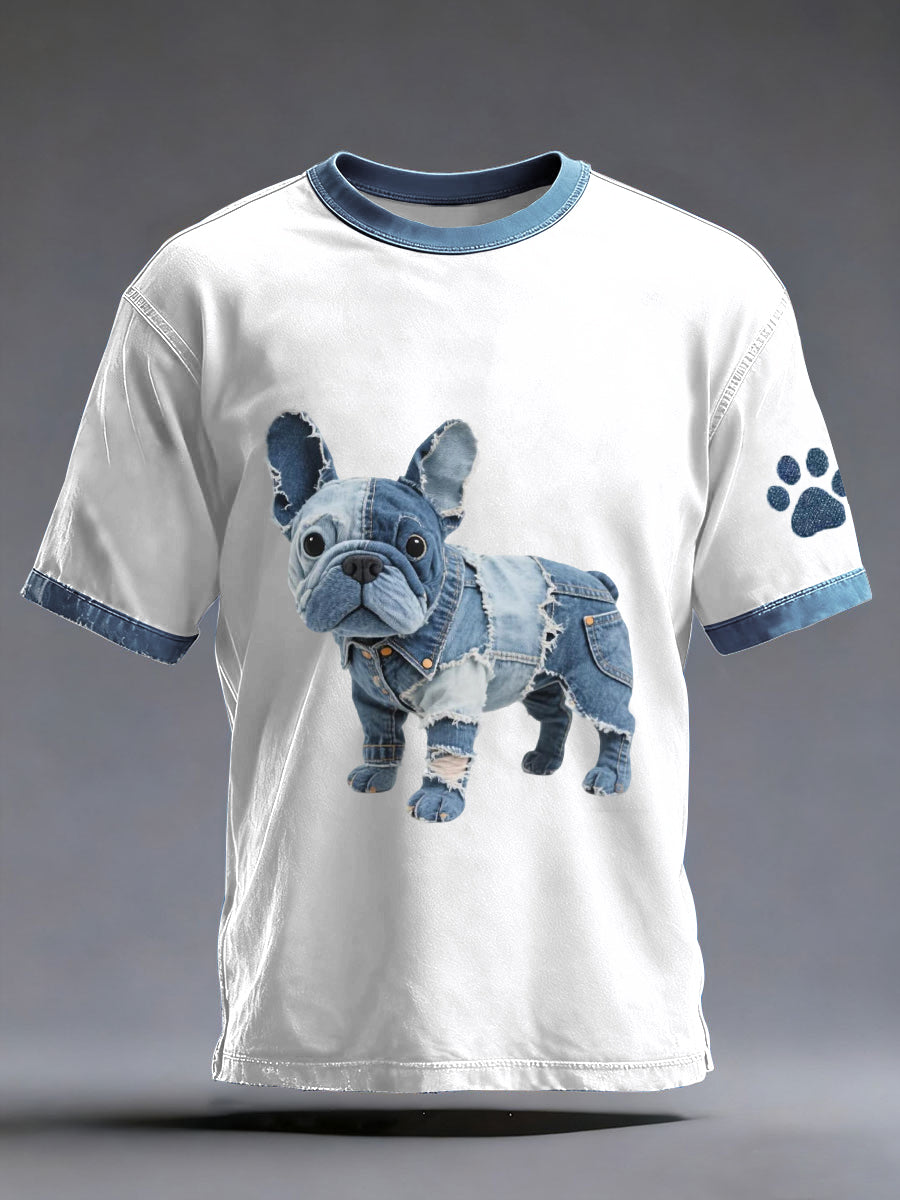 Camiseta lavada patrón de Bulldog francés del arte del remiendo del dril de algodón de los hombres