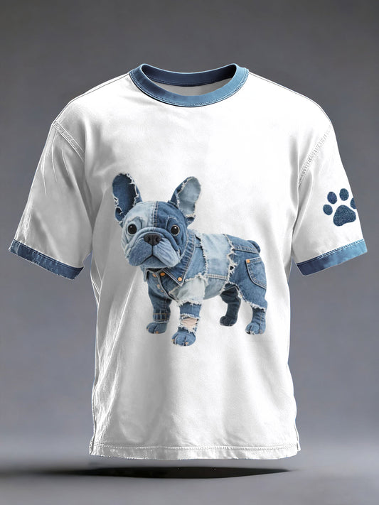 Camiseta lavada patrón de Bulldog francés del arte del remiendo del dril de algodón de los hombres