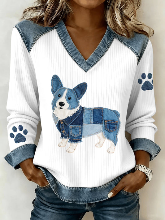 Mujer Lovely Corgi Dog Pattern Denim Patchwork V-Neck Top