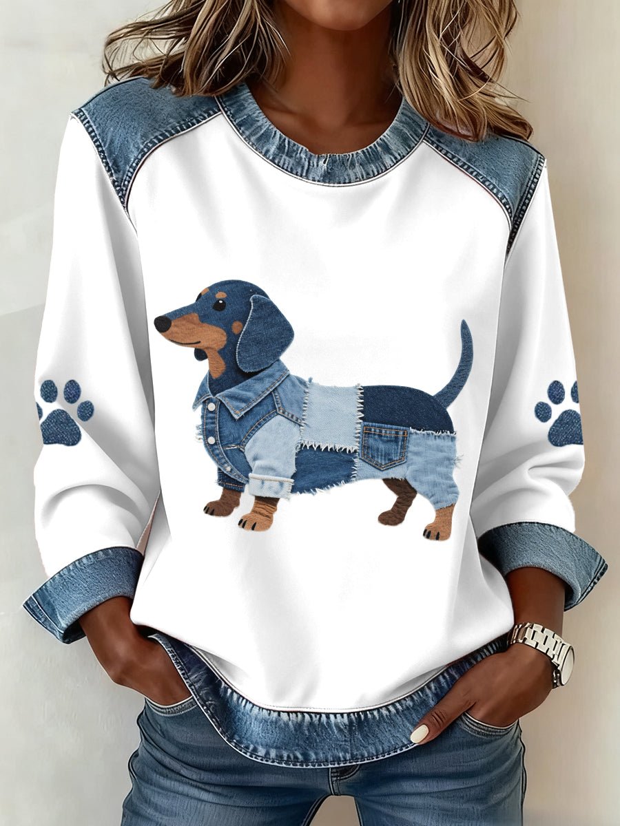 Encantador Dachshund Perro Patrón Denim Patchwork Sudadera de mujer