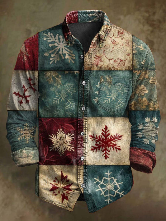 Camisa de manga larga casual con estampado de cuadros de copo de nieve de árbol de Navidad retro