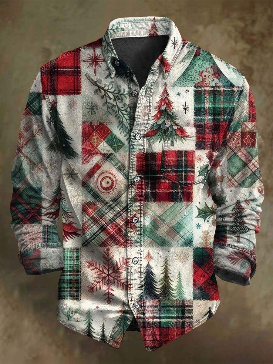 Camisa de manga larga casual con estampado de patchwork de Navidad de inspiración vintage