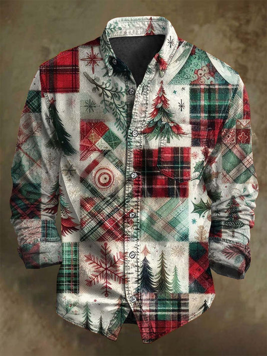 Camisa de manga larga casual con estampado de patchwork de Navidad de inspiración vintage