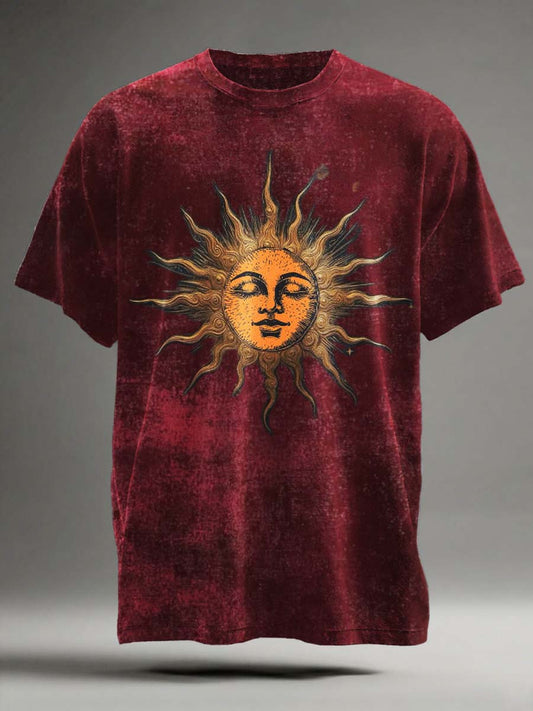 Camiseta de manga corta informal con estampado de sol retro abstracto
