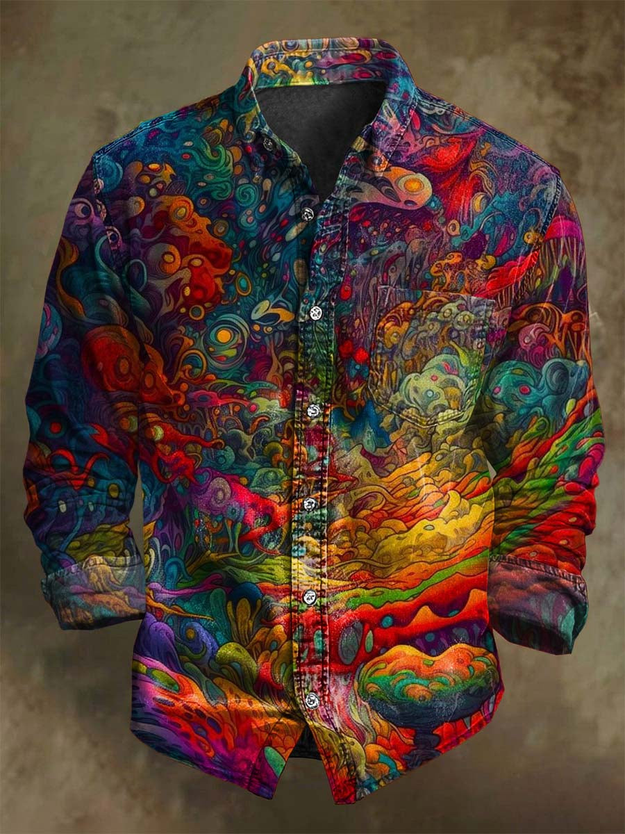 Camisa casual de manga larga con estampado psicodélico abstracto colorido