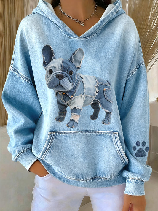Mujeres encantador francés Bulldog Denim Patchwork patrón sudadera con capucha
