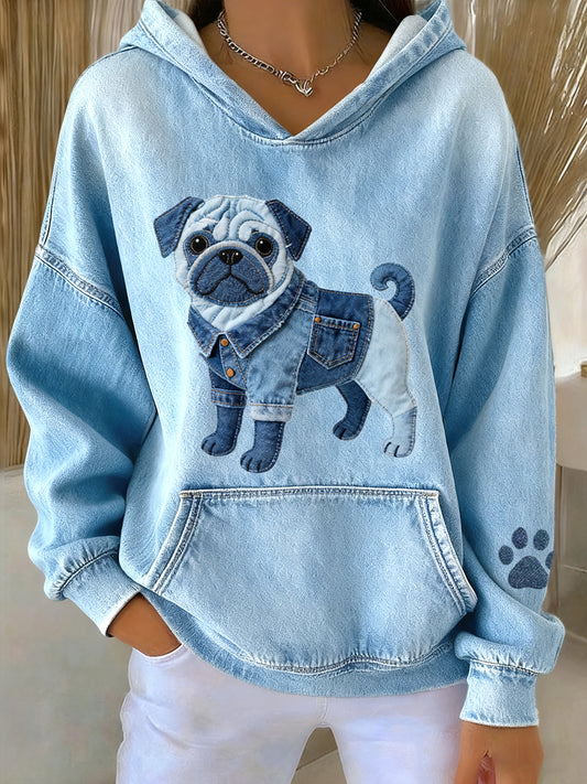 Mujer Lovely Pug Dog Denim Patchwork Patrón Hoodie