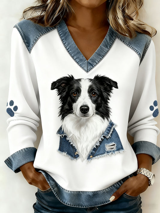 Mujer Retro V-cuello Denim Patchwork Animal Print Casual Confort Top