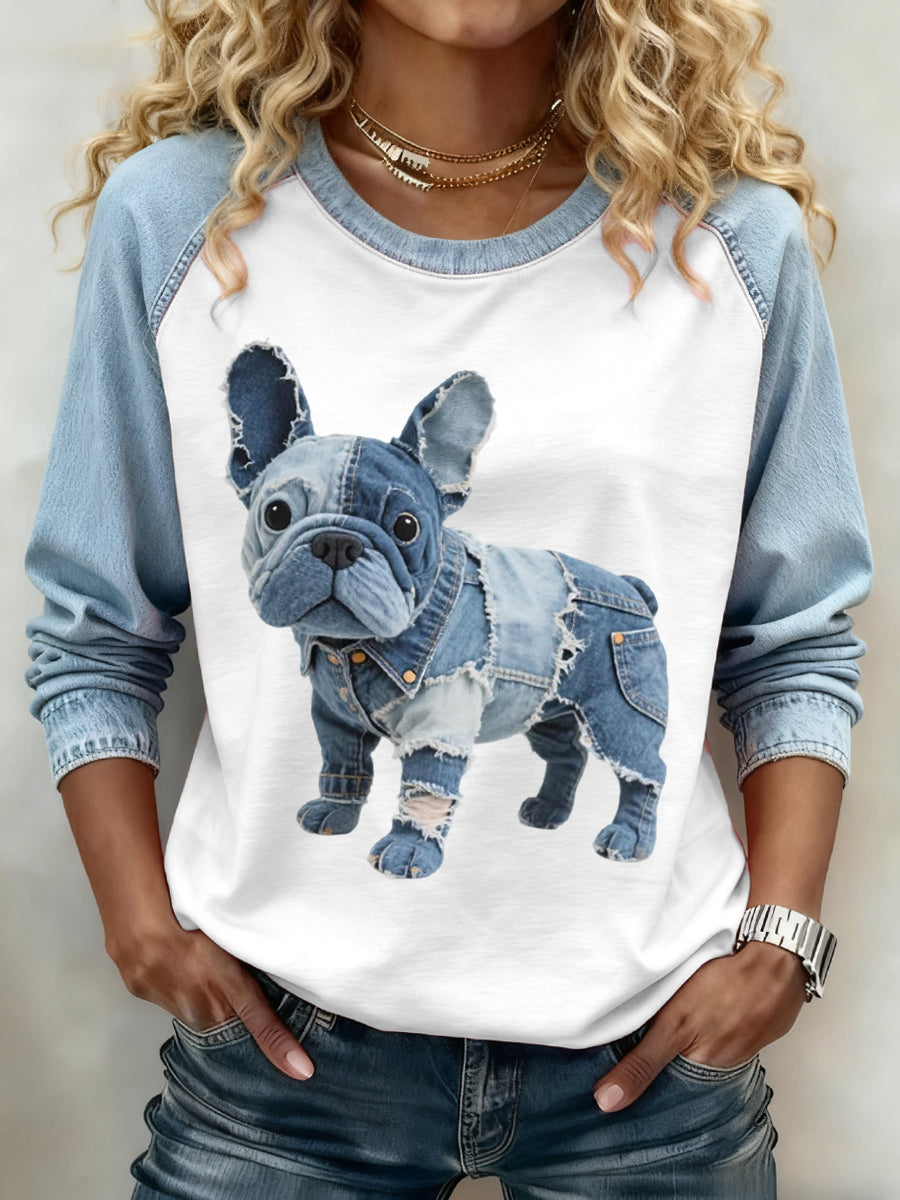 Mujer encantadora Bulldog Francés Patrón Denim Patchwork Sudadera