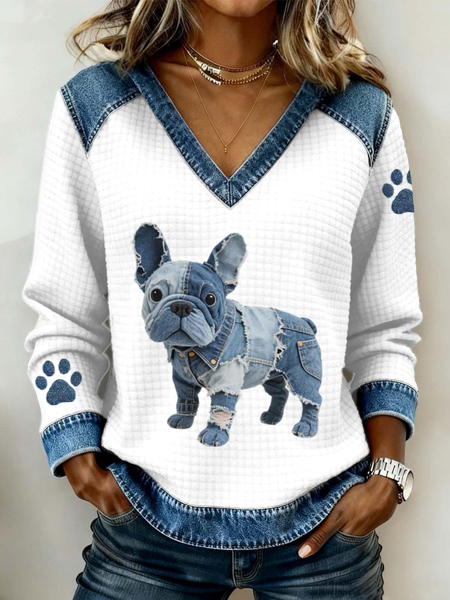 Mujer encantadora Bulldog Francés Patrón Denim Patchwork V-cuello Top