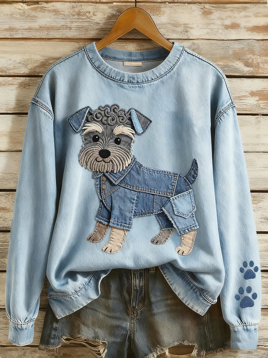 Retro Denim Patchwork Animal Art Print Casual Comfort Sudadera de manga larga para mujer