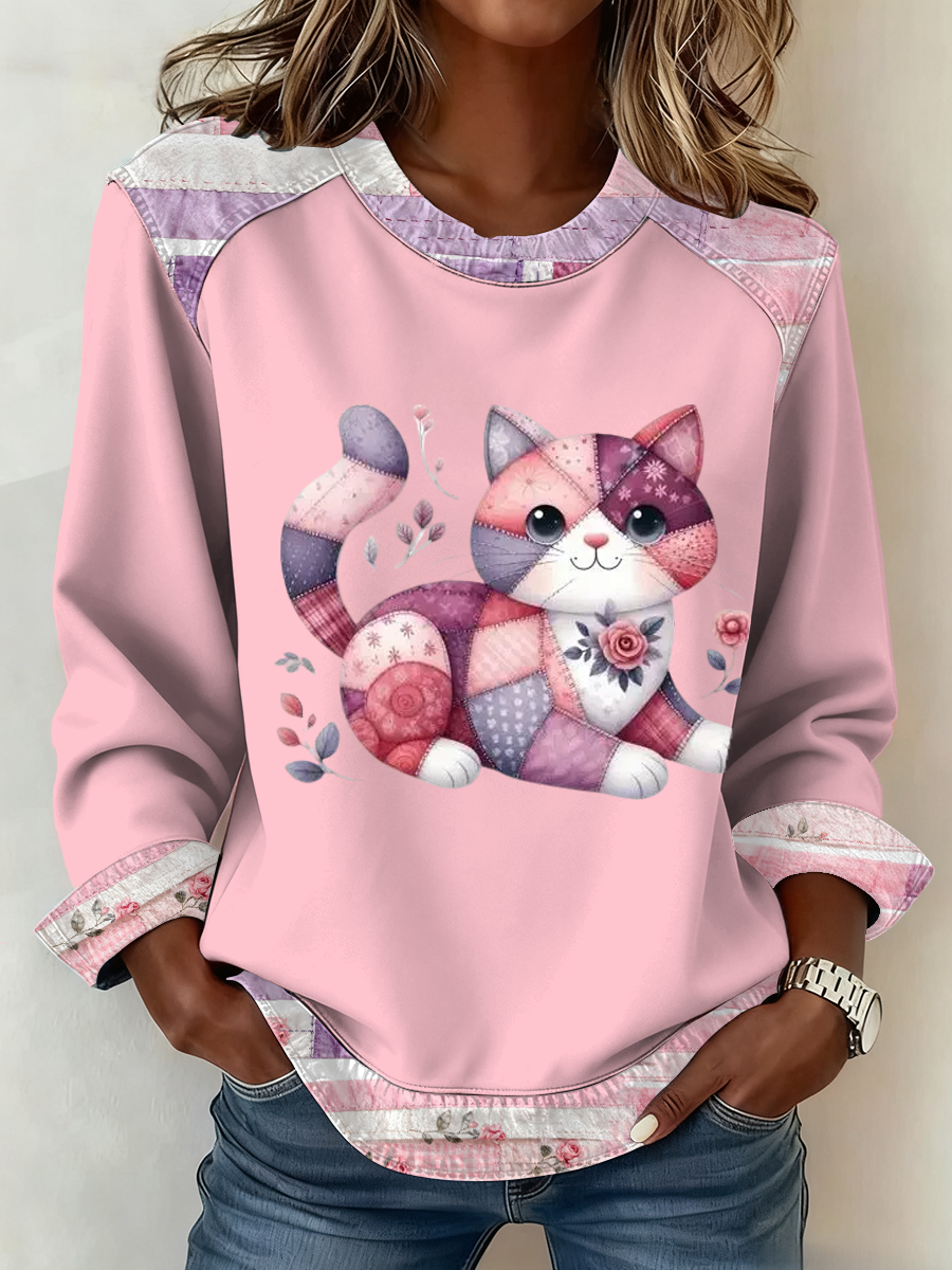 Lindo gato de las mujeres de impresión Patchwork Top