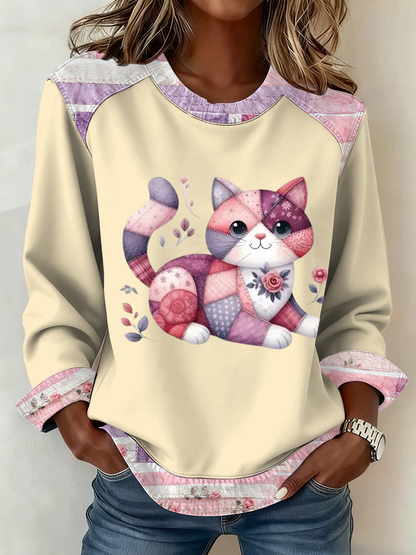 Lindo gato de las mujeres de impresión Patchwork Top