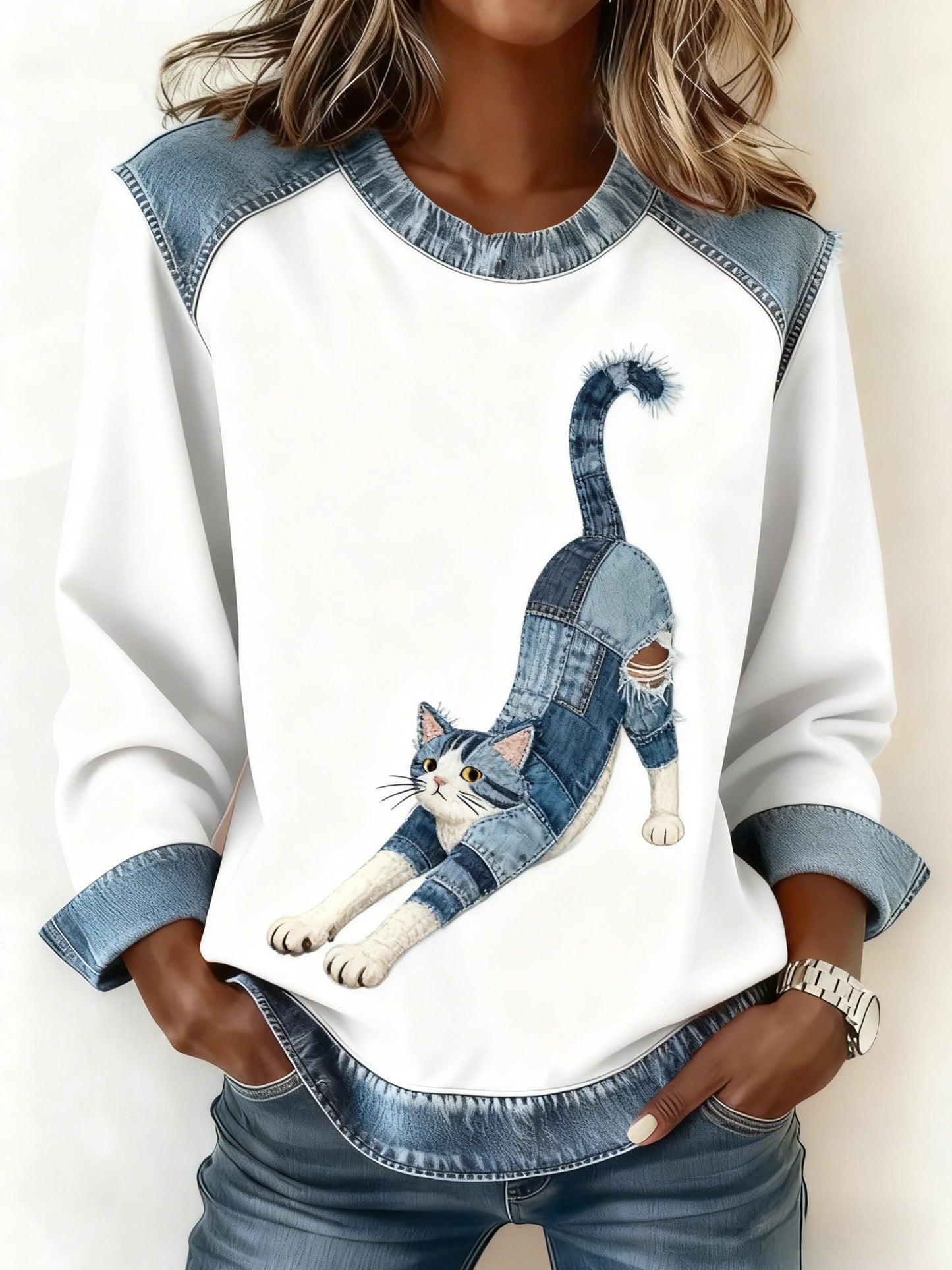 Retro lindo gato estiramiento Denim Patchwork impresión de manga larga Top
