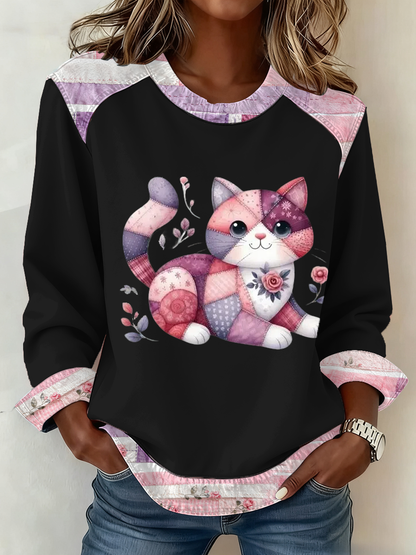 Lindo gato de las mujeres de impresión Patchwork Top