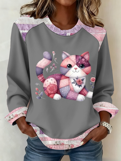 Lindo gato de las mujeres de impresión Patchwork Top