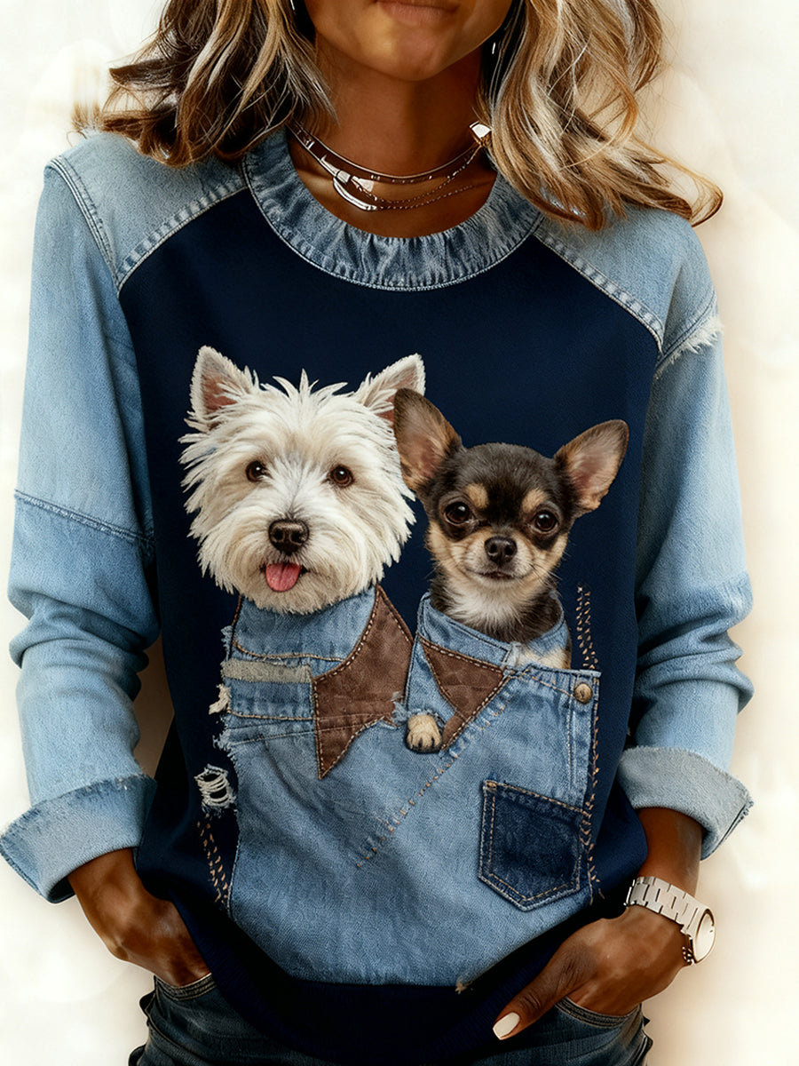 Mujeres Retro Animal Art Print cómodo Denim Patchwork sudadera