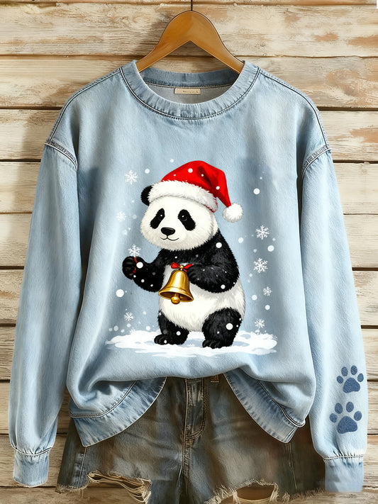 Retro Denim Patchwork Animal Art Print Casual Comfort Sudadera de manga larga para mujer