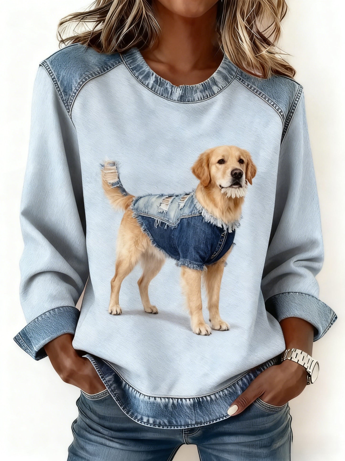 Top de manga larga con estampado de patchwork de mezclilla de perro lindo retro