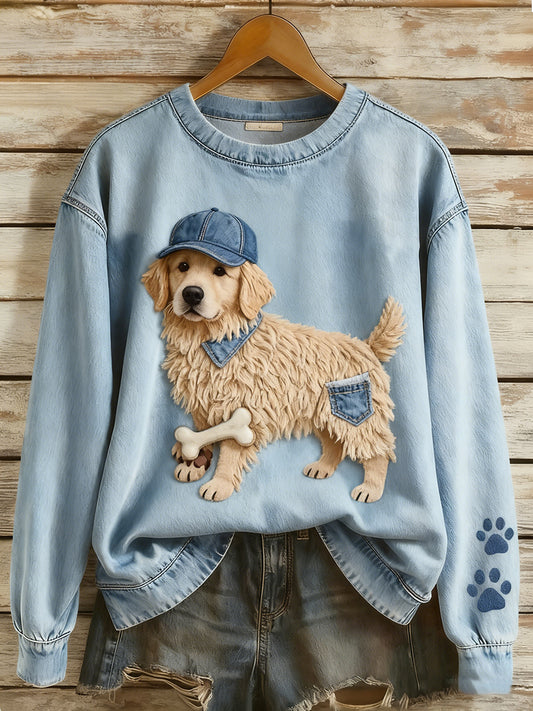 Retro Denim Patchwork Animal Art Print Casual Comfort Sudadera de manga larga para mujer