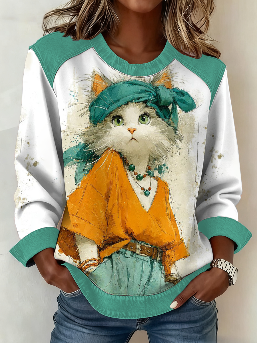 Lindo gato de las mujeres de impresión Patchwork Top