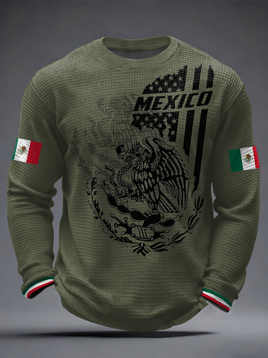 Hombres Mexican Flag Print Casual Waffle Camiseta de manga larga