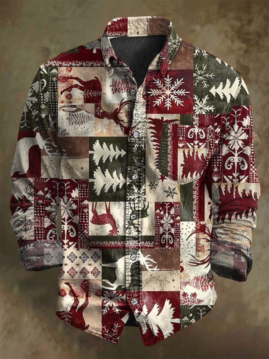 Camisa de manga larga casual con estampado de cuadros de Navidad vintage