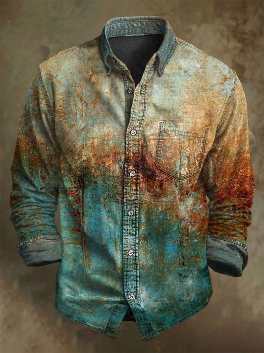 Vintage apenado color choque impreso casual camisa de manga larga
