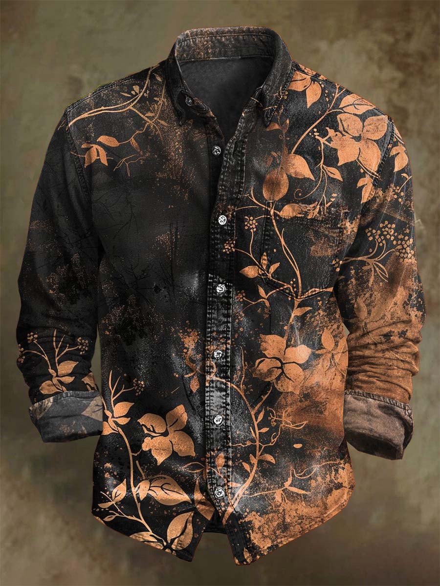 Camisa de manga larga casual con estampado floral degradado vintage