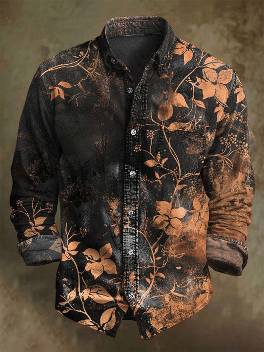 Camisa de manga larga casual con estampado floral degradado vintage